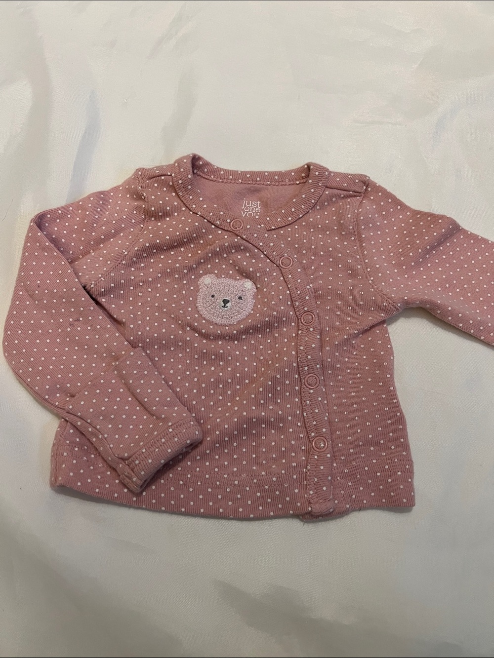 “Bundle 10/$13” Carters newborn Pink Polka Dot Baby girl Cardigan Bear Patch